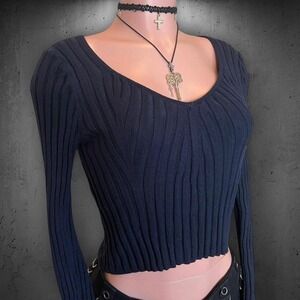 Navy Fitted Long Sleeve Stretchy Ribbed Crop Top